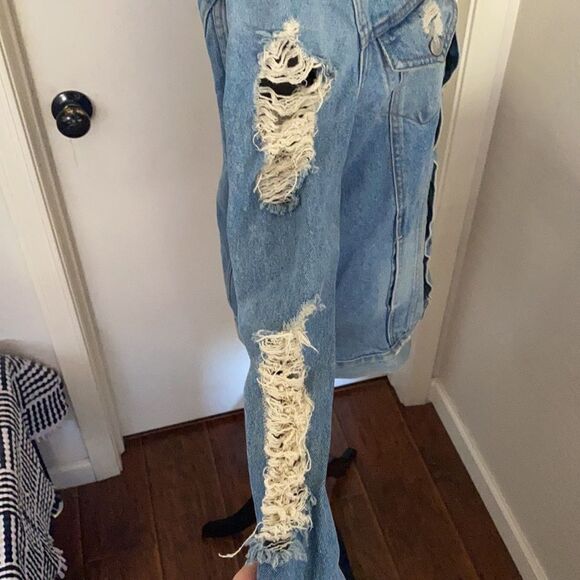 Lovers + Friends Factory Extensive Distressed Ripped Blue Denim Jacket Modern - Picture 8 of 16